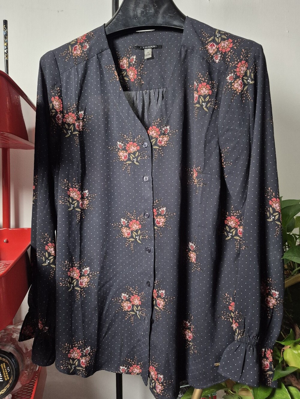 T Tahari Dark Navy Blue Button-Down Blouse with Pink Floral